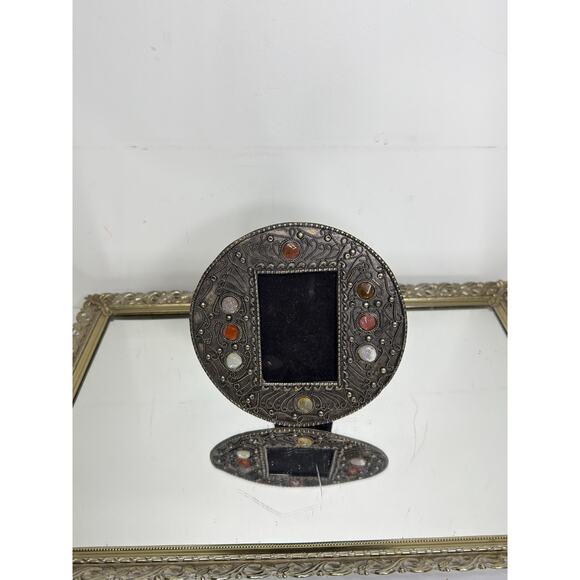 rare Vintage Asian silvered metal and agate stones set photograph frame - Picture 8 of 9